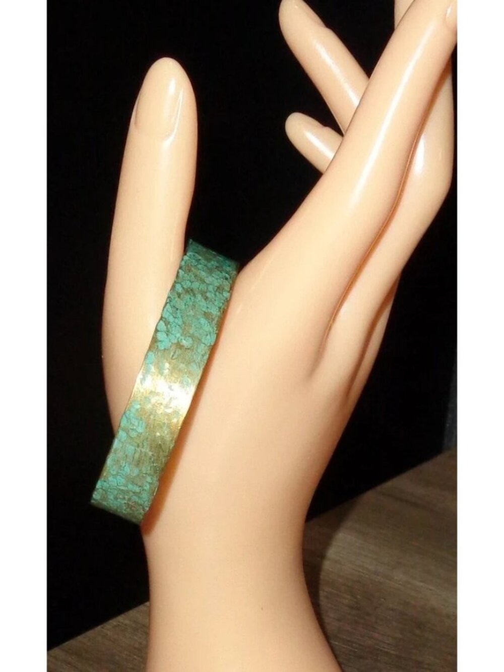 Brass Faux Verdigris Turquoise Blue Green Distressed Patina Rustic Cuff Bracelet
